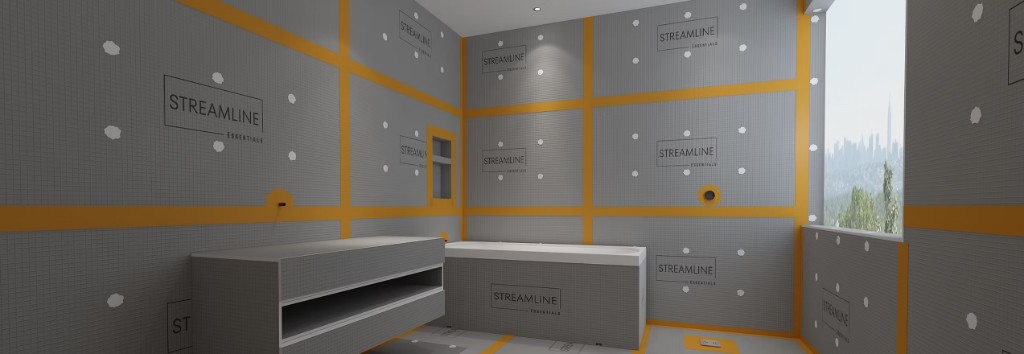 Bathroom fully sheathed in Streamline Essentials foam backer board with orange seam tape, ready for tile